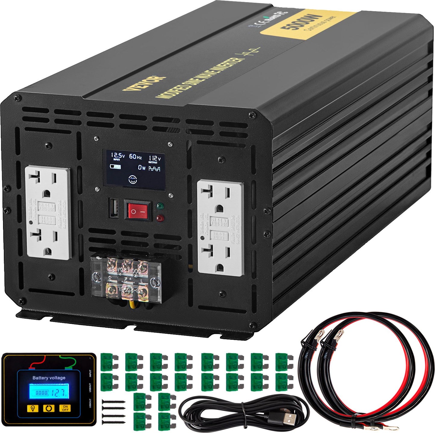Energy Converter, 5000W Modified Wave Transformer, 12V DC to 110V AC Vehicle Adapter, featuring LCD Screen, Remote Control, LED Light, and GFCI Sockets for RVs, Trucks, Boats, and Outdoor Adv