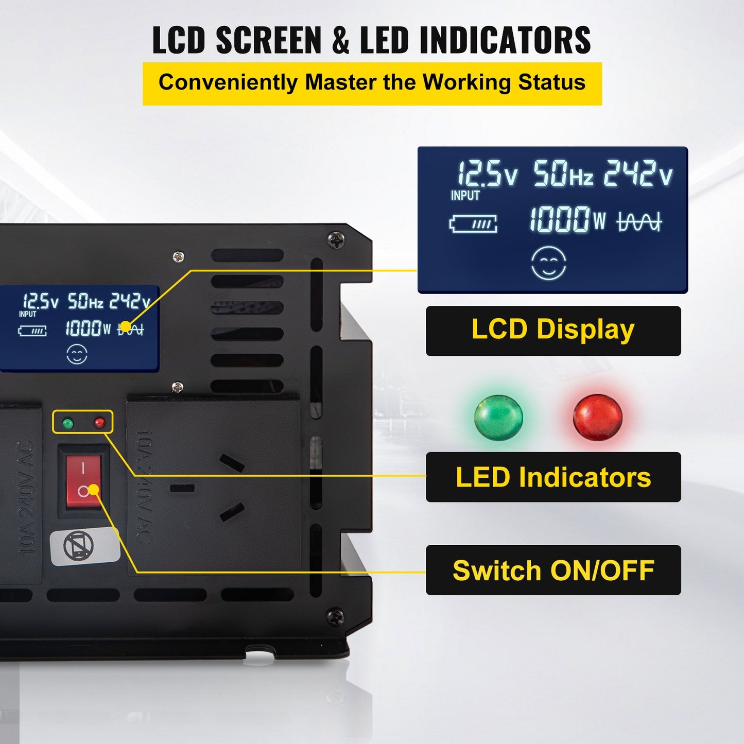 VEVOR Power Inverter Modified Sine Wave Inverter 2000W DC 12V to AC 240V w/LCD