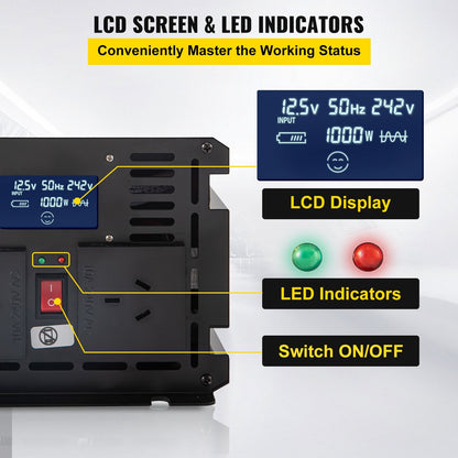 2000W Modified Sine Wave Inverter, 12V DC to 240V AC, LCD Display, Multi-Protection