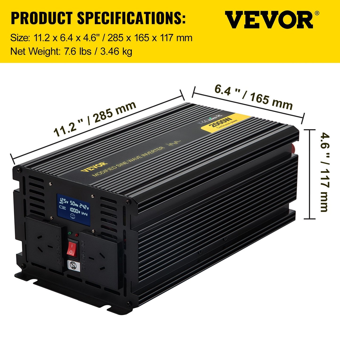 2000W Modified Sine Wave Inverter, 12V DC to 240V AC, LCD Display, Multi-Protection