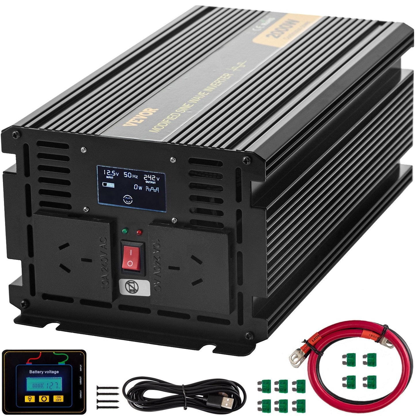 2000W Modified Sine Wave Inverter, 12V DC to 240V AC, LCD Display, Multi-Protection