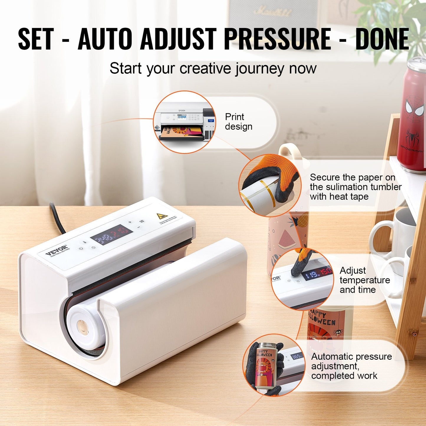 Automatic Tumbler Heat Press for Mugs 0.32-0.89L, White, 0.25m Max Height