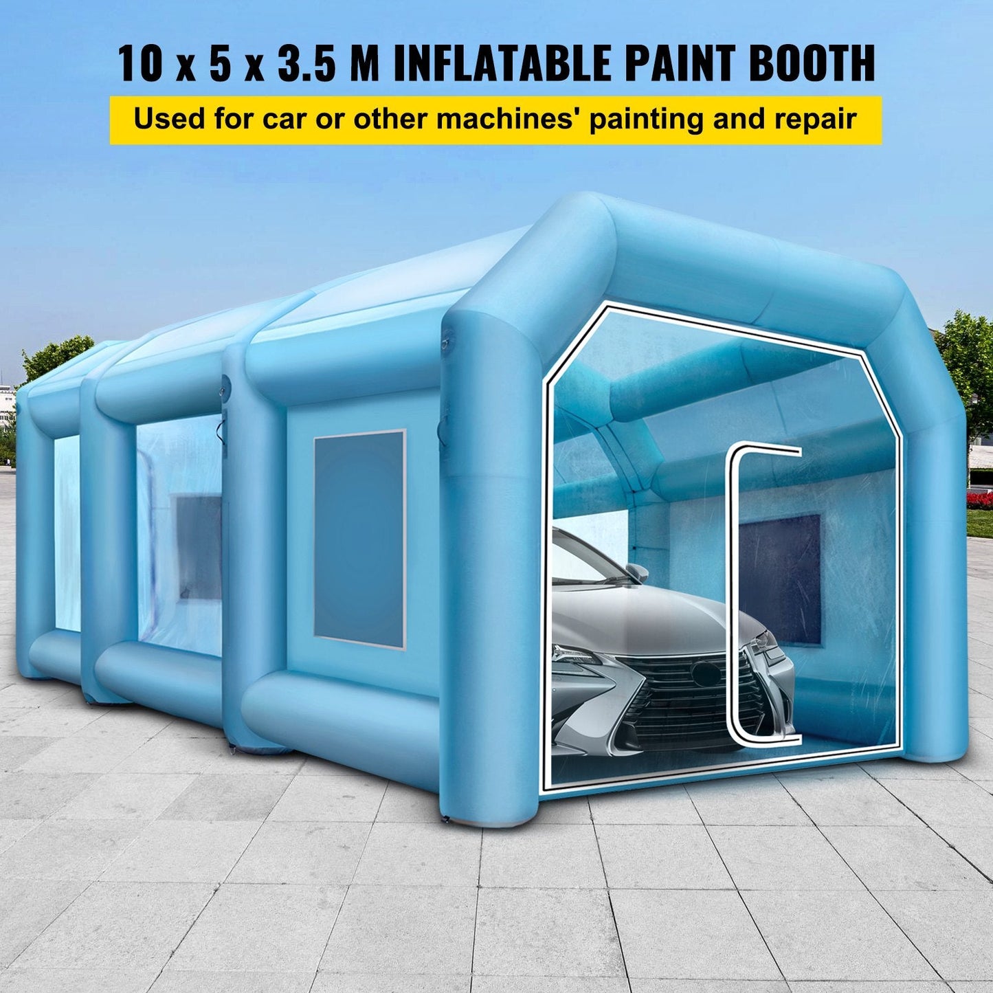 Large Inflatable Car Paint Booth with Blowers, 10x5x3.5m, 220V, Blue