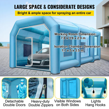 Large Inflatable Car Paint Booth with Blowers, 10x5x3.5m, 220V, Blue
