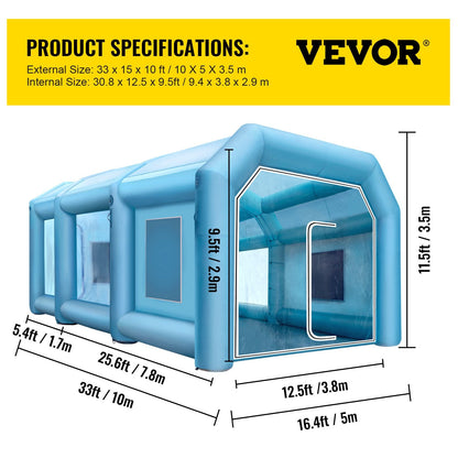 Large Inflatable Car Paint Booth with Blowers, 10x5x3.5m, 220V, Blue