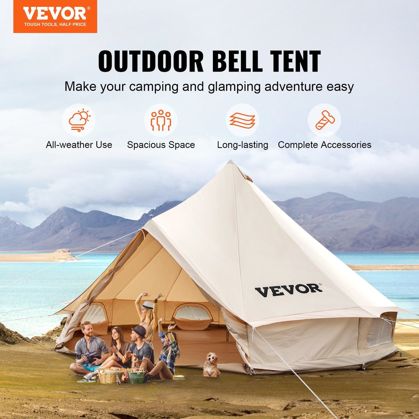 4-Season 8-10 People Large Waterproof Cotton Canvas Bell Tent With Stove for Camping