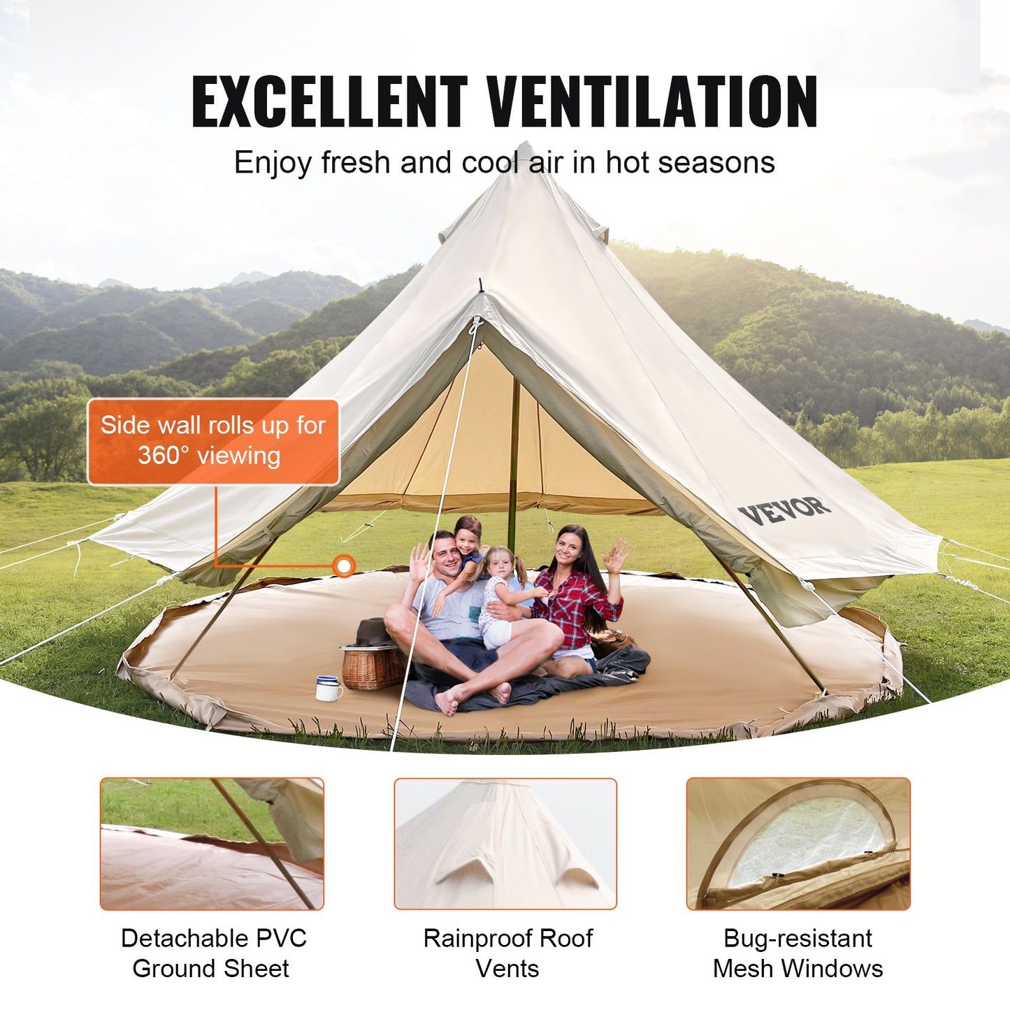 4-Season 8-10 People Large Waterproof Cotton Canvas Bell Tent With Stove for Camping