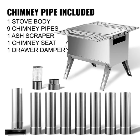 Portable 304 Stainless Steel Tent Wood Stove with Chimney for Outdoor Use