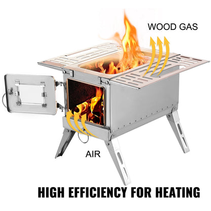 Portable 304 Stainless Steel Tent Wood Stove with Chimney for Outdoor Use