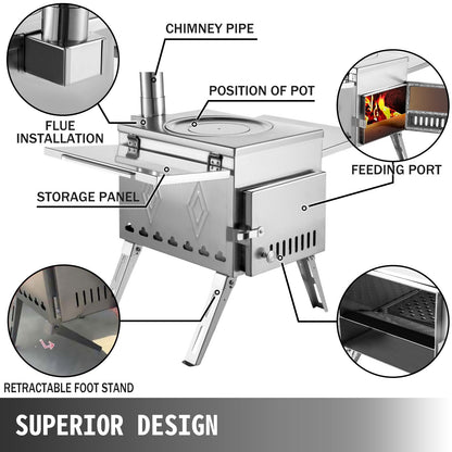 Portable Stainless Steel Wood Burning Stove for Camping with Chimney Pipe
