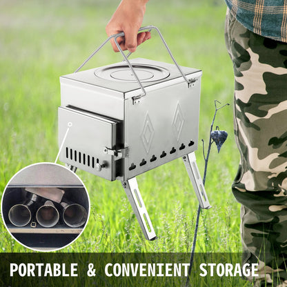 Portable Stainless Steel Wood Burning Stove for Camping with Chimney Pipe
