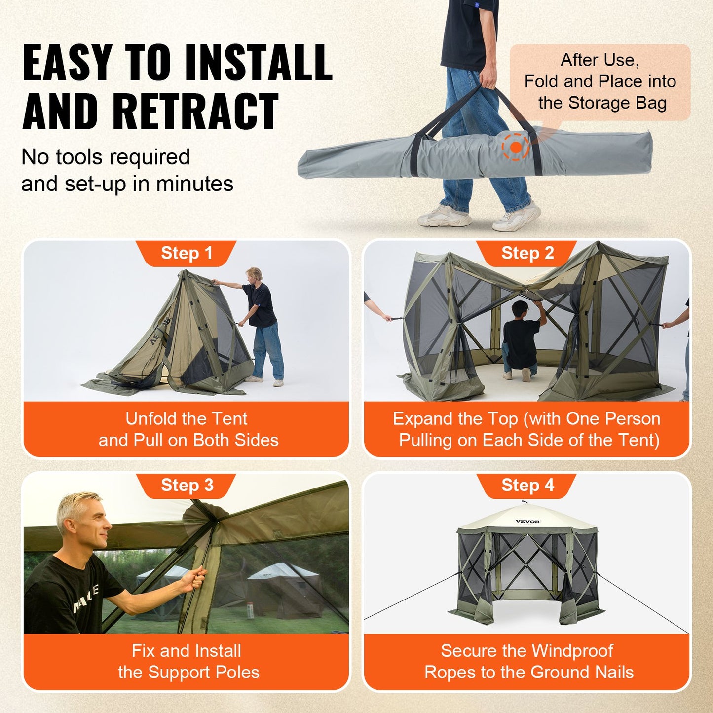VEVOR Pop Up Gazebo Tent, Pop-Up Screen Tent 6 Sided Canopy Sun Shelter with 6 Removable