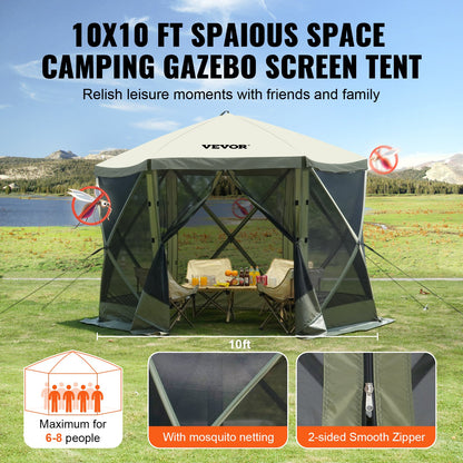 VEVOR Pop Up Gazebo Tent, Pop-Up Screen Tent 6 Sided Canopy Sun Shelter with 6 Removable
