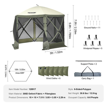 VEVOR Pop Up Gazebo Tent, Pop-Up Screen Tent 6 Sided Canopy Sun Shelter with 6 Removable