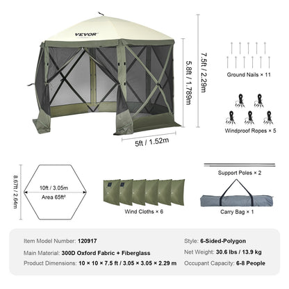 6-Sided Pop-Up Gazebo Tent with Removable Panels, 3.05m, Army Green