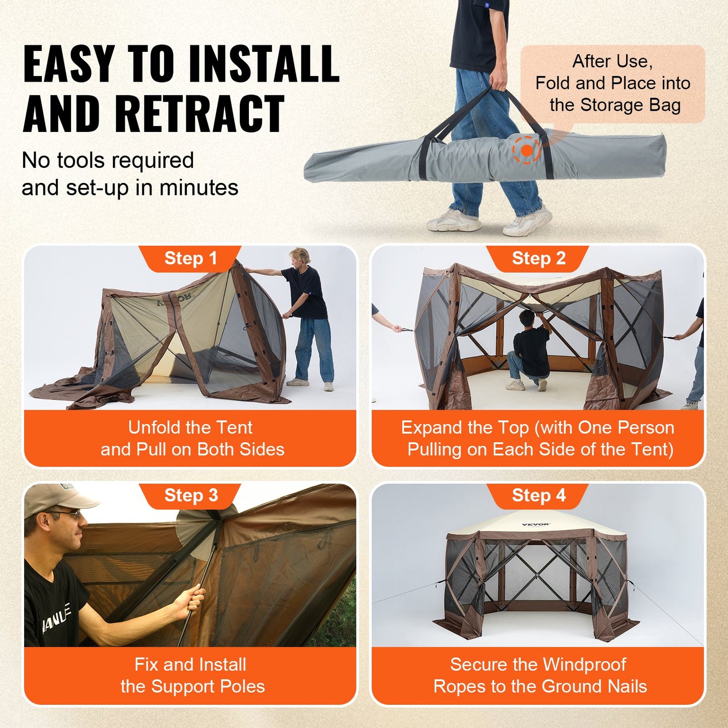 VEVOR Pop Up Gazebo Tent, Pop-Up Screen Tent 6 Sided Canopy Sun Shelter with 6 Removable