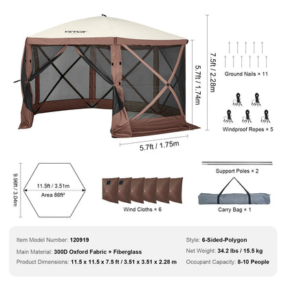 6-Sided Pop-Up Gazebo Tent with Mosquito Netting and Privacy Panels, Brown