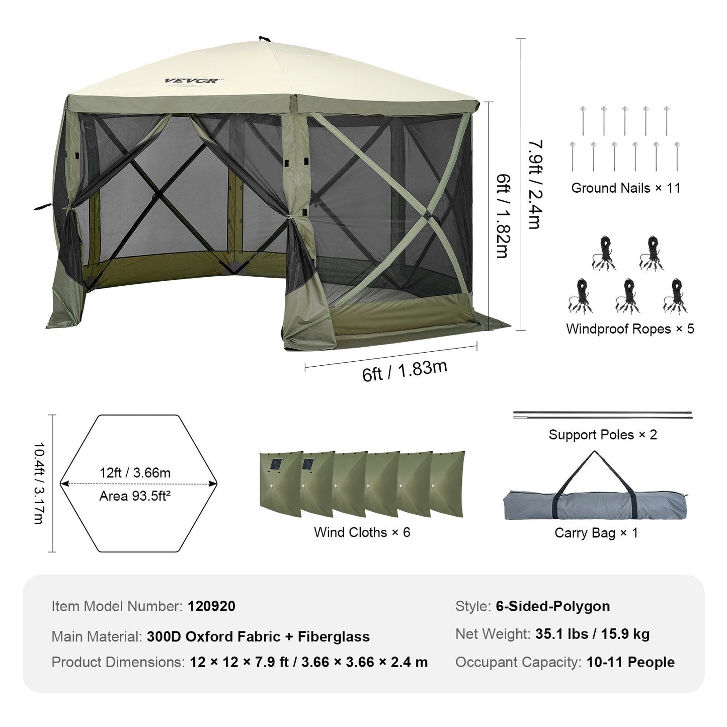 6-Sided Pop-Up Gazebo Tent with Mosquito Netting & Privacy Cloths, 3.66m x 3.66m