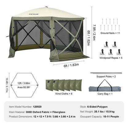 6-Sided Pop-Up Gazebo Tent with Mosquito Netting & Privacy Cloths, 3.66m x 3.66m