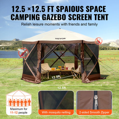 VEVOR Pop Up Gazebo Tent, Pop-Up Screen Tent 6 Sided Canopy Sun Shelter with 6 Removable