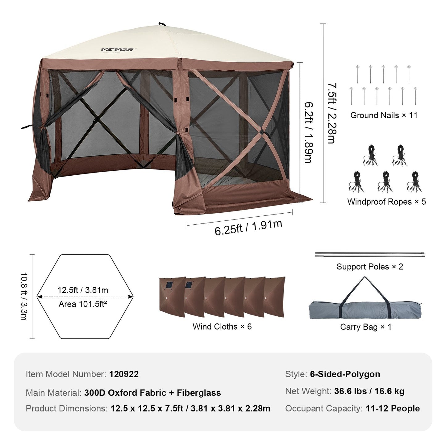 6-Sided Pop-Up Canopy Tent with Mesh Windows and Privacy Panels, 3.81m x 3.81m