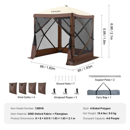 VEVOR Pop Up Gazebo Tent, Pop-Up Screen Tent 4 Sided Canopy Sun Shelter with 4 Removable