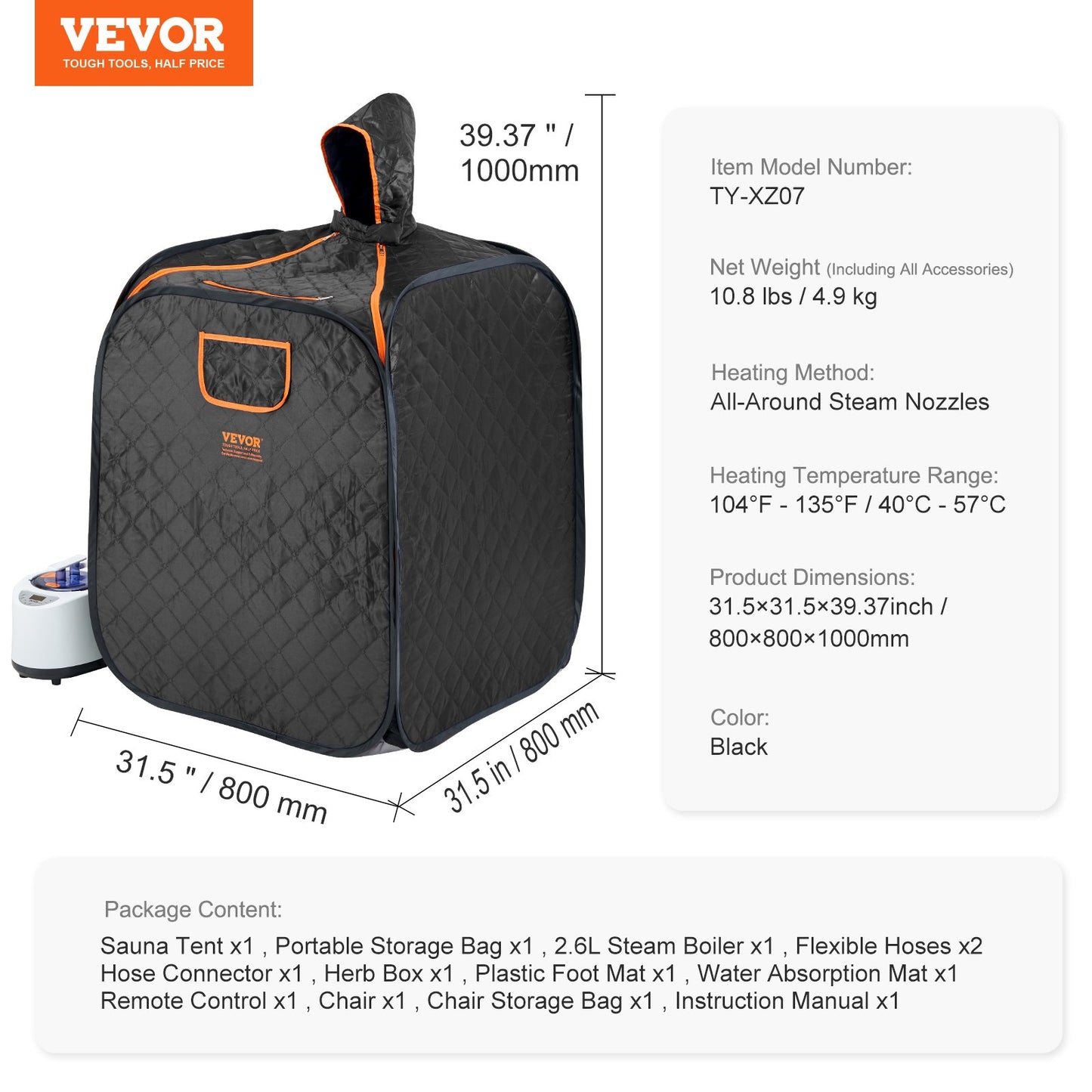 VEVOR Portable Steam Sauna Tent 1000W Personal Spa Loss Weight Detox Therapy, 800x800x1000