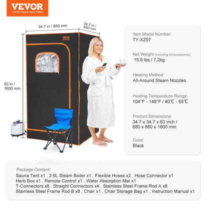 Portable Full-Size Sauna Tent with Chair, 1000W, 880 x 880 x 1600 mm