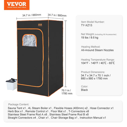 Portable Personal Steam Sauna Tent with Chair, 2000W, 880 x 880 x 1780 mm