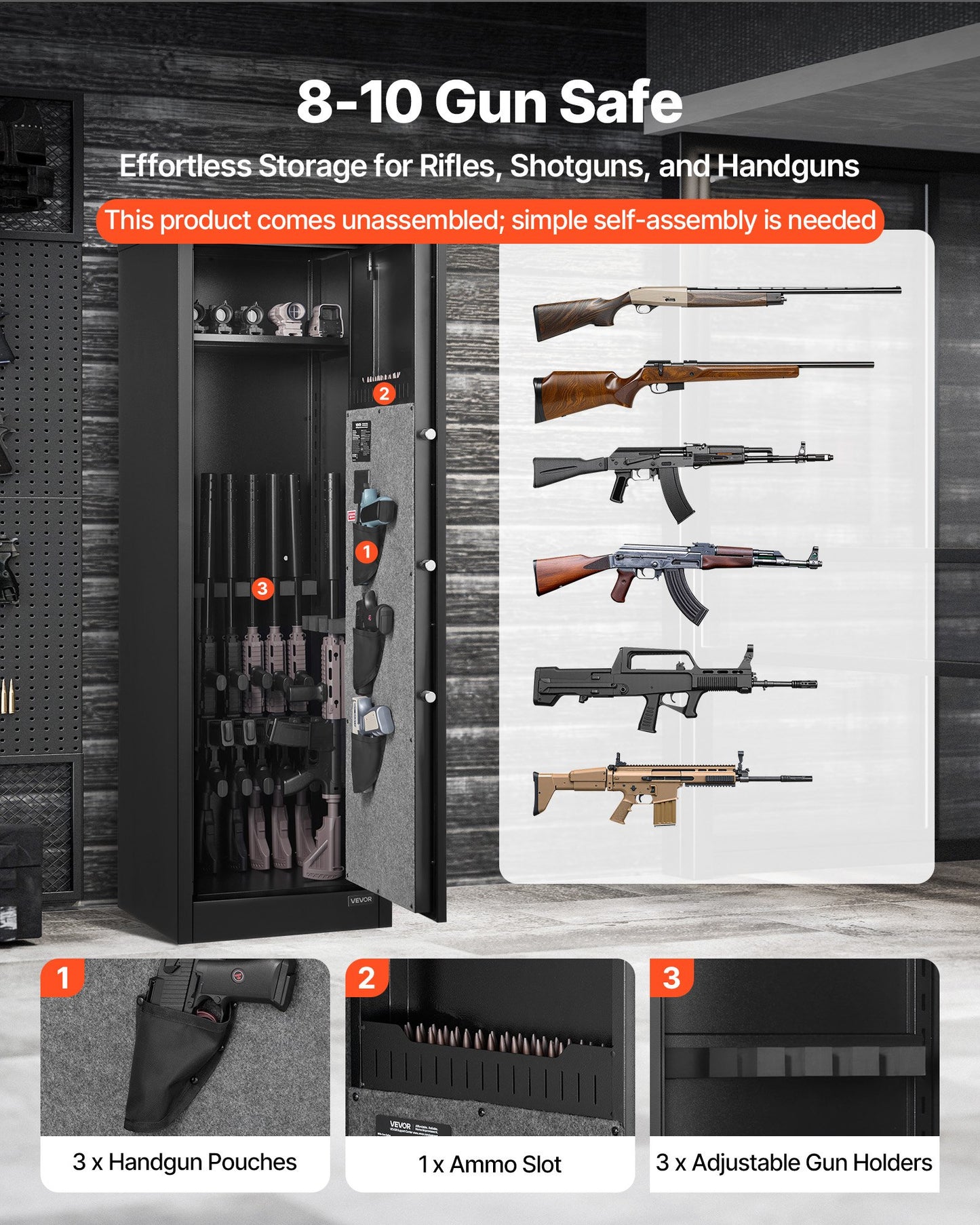 8-10 Gun Safe, Long Gun Cabinet for Rifles and Pistols, Quick Access Rifle Safe with 3 Pistol Pockets and Adjustable Racks, Large Digital Cabinet with Fingerprint and Password Lock