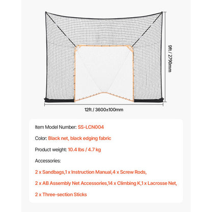 VEVOR 12x9 ft Hockey Lacrosse Goal Backstop with Extended Coverage Training Net