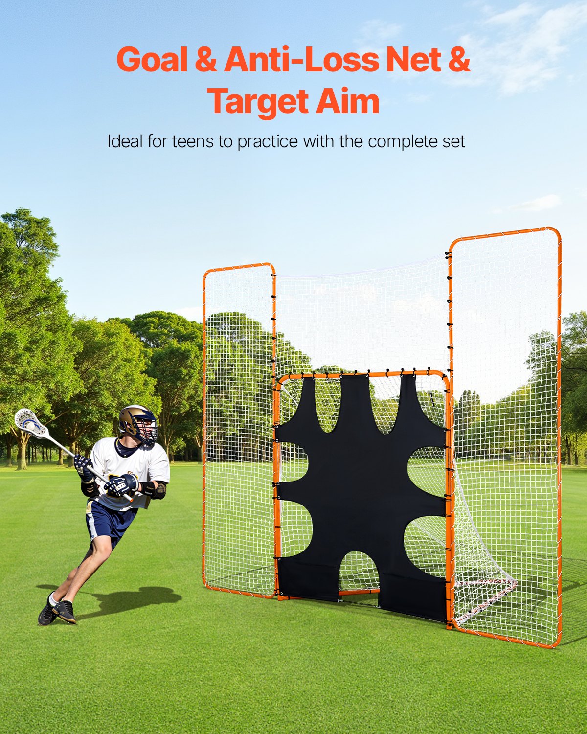 3-IN-1 Lacrosse Goal, 12x9 ft Lacrosse Net with Backstop and Target, Quick & Easy Setup Backyard Rebounder Equipment, Steel Frame Training Nets, Suitable for Youth Adult Training, Orange