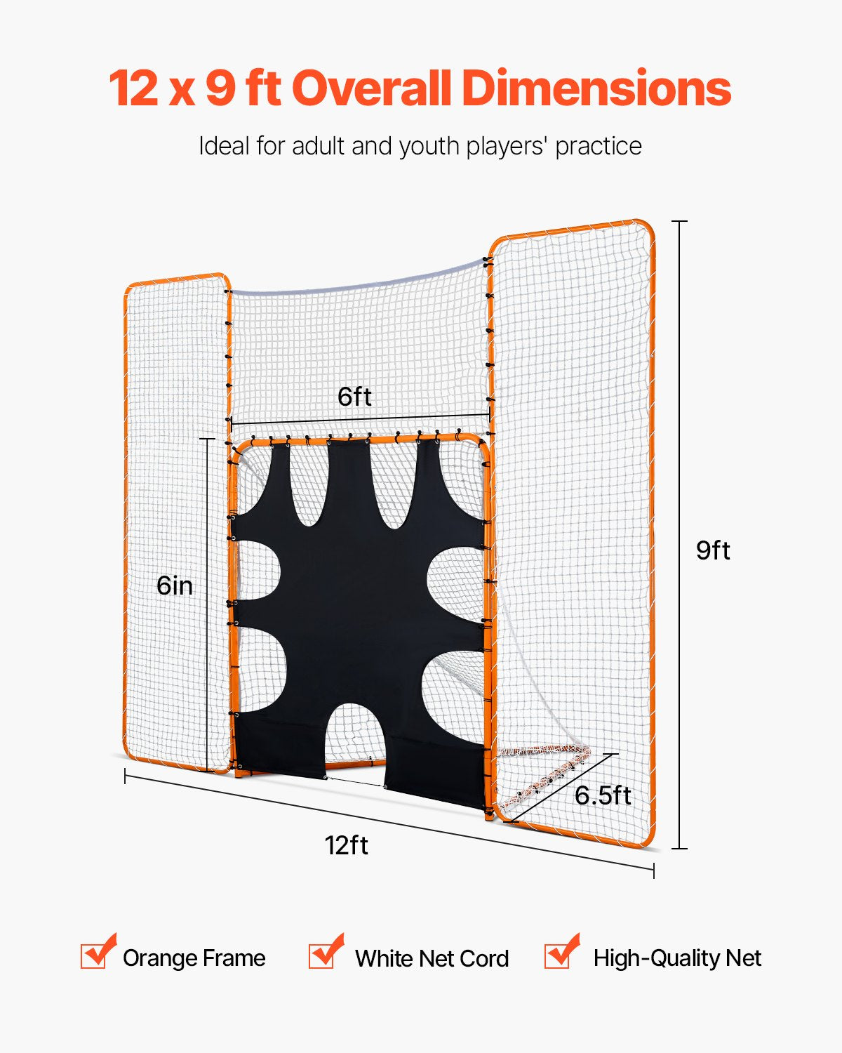 3-IN-1 Lacrosse Goal, 12x9 ft Lacrosse Net with Backstop and Target, Quick & Easy Setup Backyard Rebounder Equipment, Steel Frame Training Nets, Suitable for Youth Adult Training, Orange