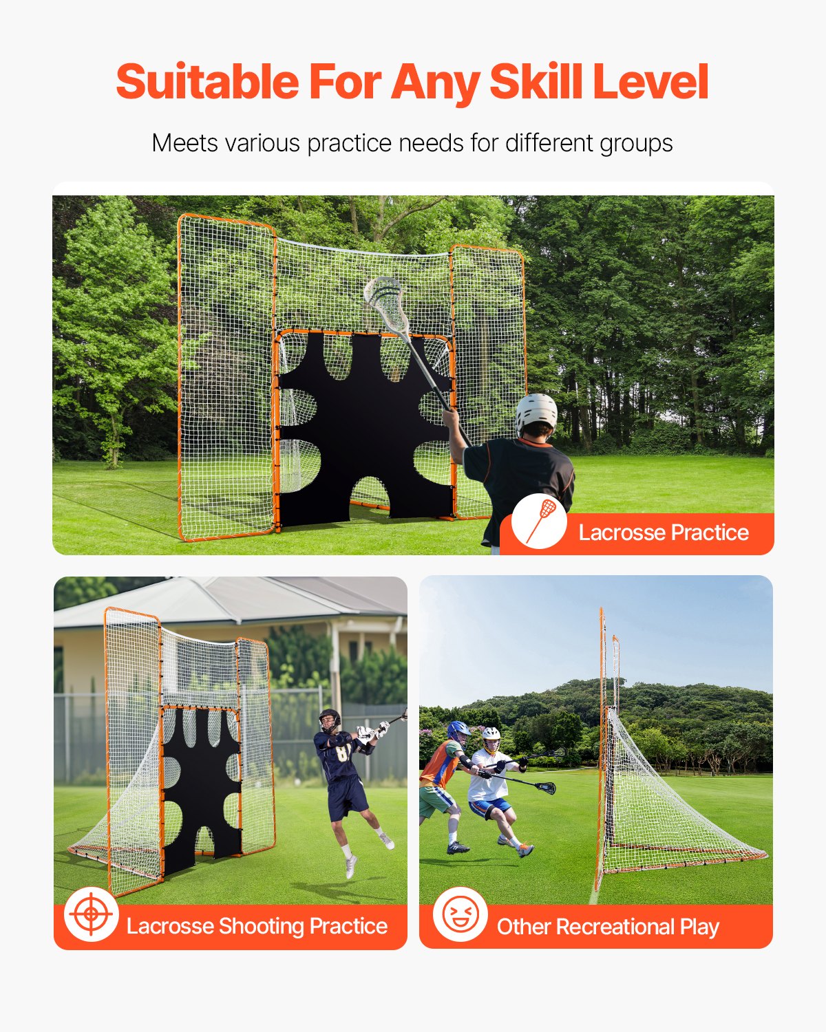 3-IN-1 Lacrosse Goal, 12x9 ft Lacrosse Net with Backstop and Target, Quick & Easy Setup Backyard Rebounder Equipment, Steel Frame Training Nets, Suitable for Youth Adult Training, Orange