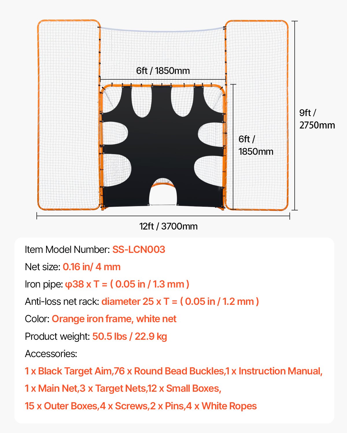 3-IN-1 Lacrosse Goal, 12x9 ft Lacrosse Net with Backstop and Target, Quick & Easy Setup Backyard Rebounder Equipment, Steel Frame Training Nets, Suitable for Youth Adult Training, Orange