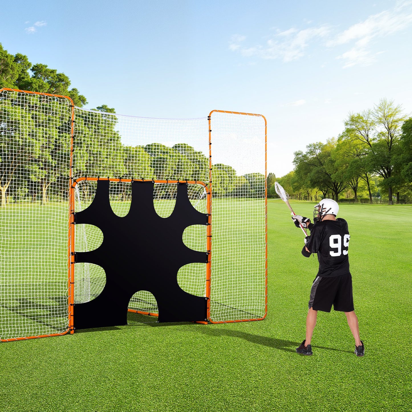 3-IN-1 Lacrosse Goal, 12x9 ft Lacrosse Net with Backstop and Target, Quick & Easy Setup Backyard Rebounder Equipment, Steel Frame Training Nets, Suitable for Youth Adult Training, Orange