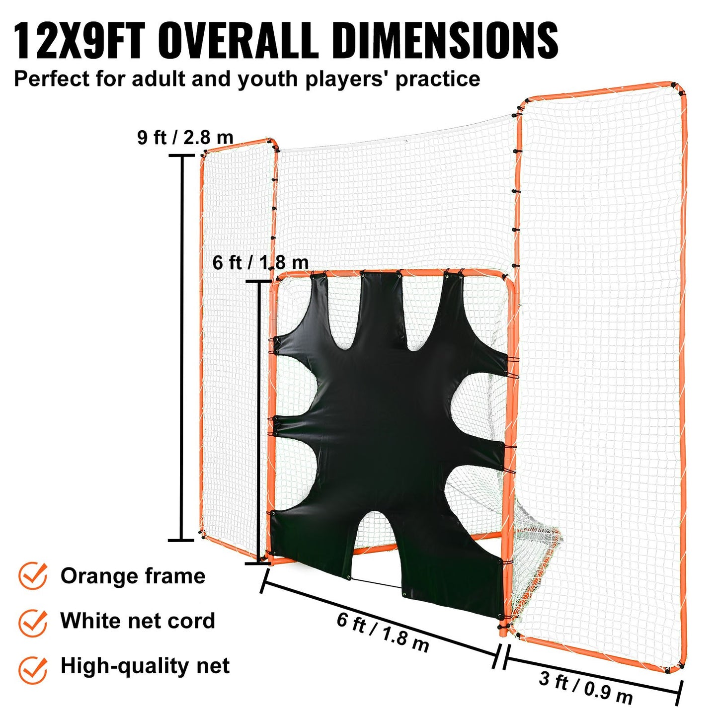 VEVOR 3-IN-1 Lacrosse Goal with Backstop and Target,3.7mx2.7m Lacrosse Net, Steel