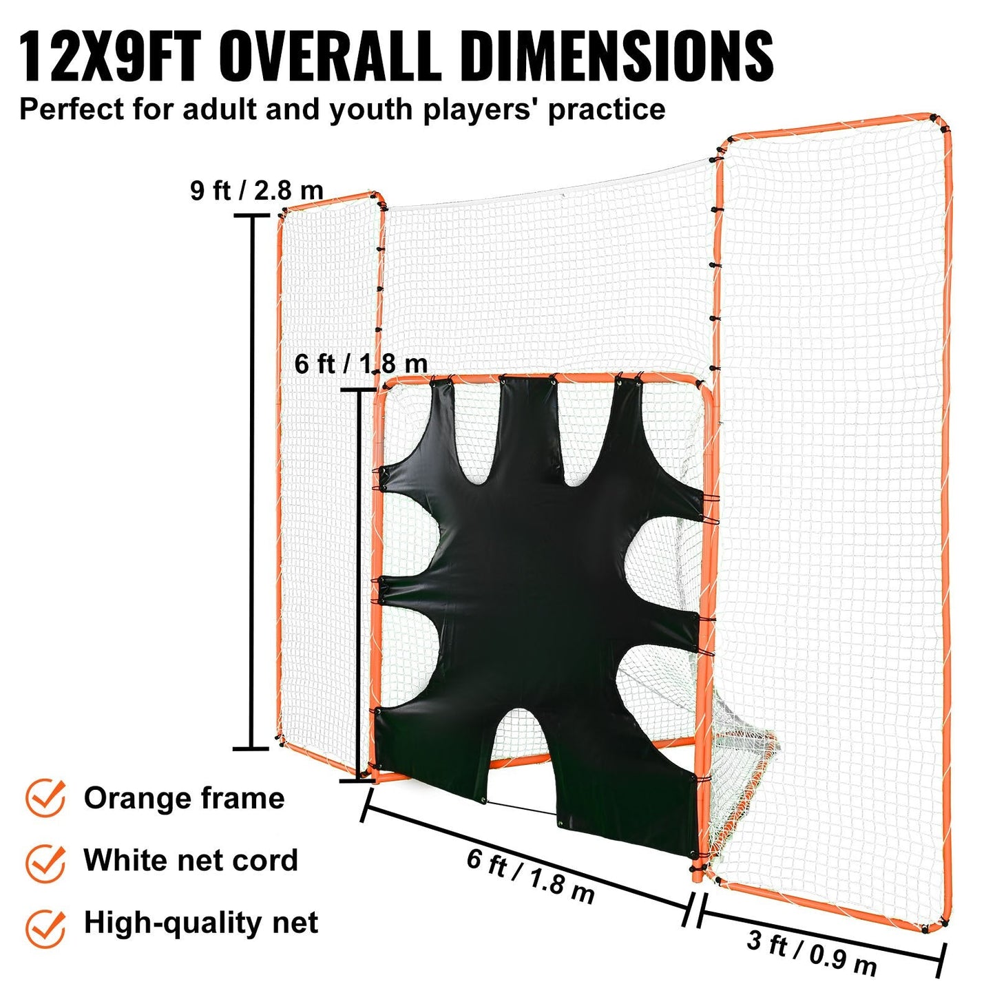 3-in-1 Lacrosse Goal with Backstop and Target, 3.7m x 2.7m Steel Net