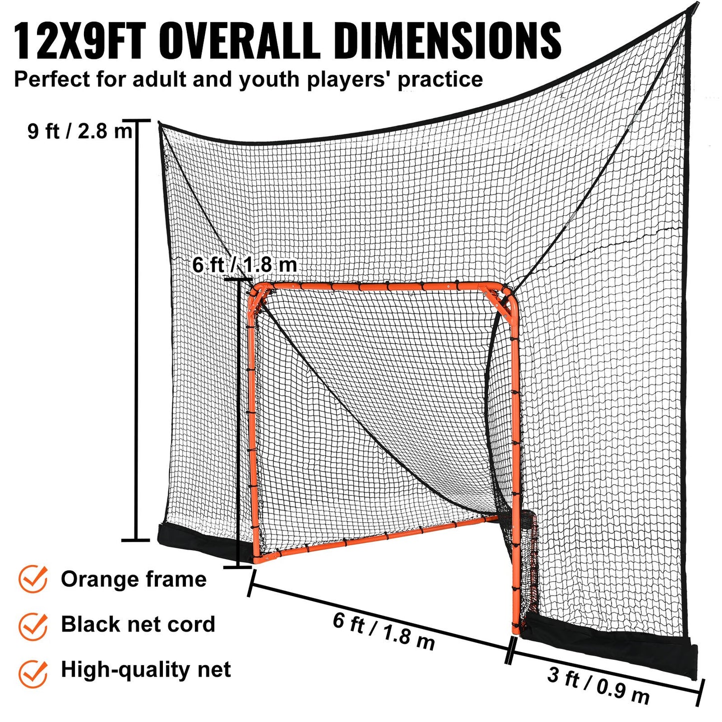 VEVOR Hockey and Lacrosse Goal Backstop with Extended Coverage, 12' x 9' Lacrosse