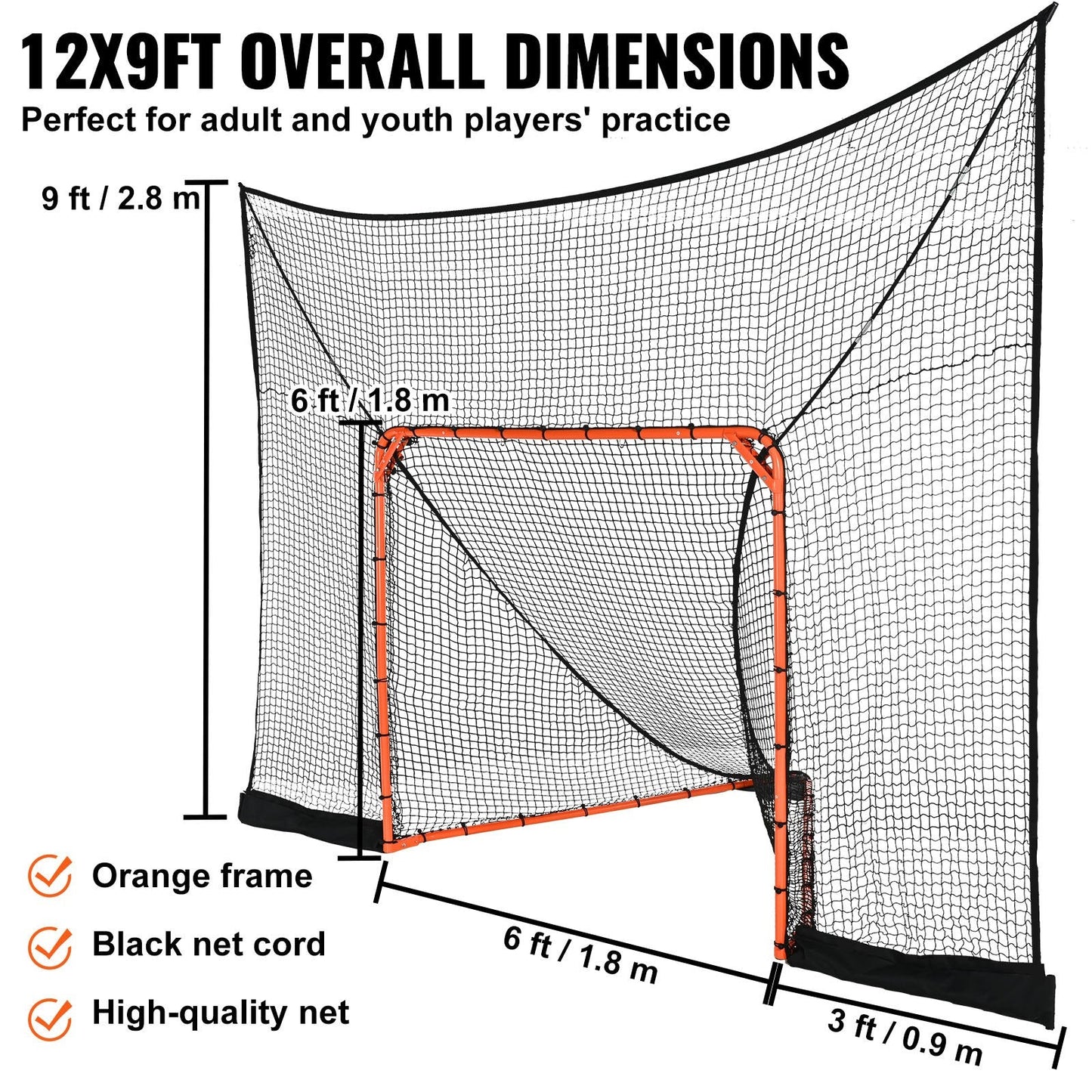 Hockey & Lacrosse Goal Backstop with Extended Coverage, 3.7 x 2.7 m Net
