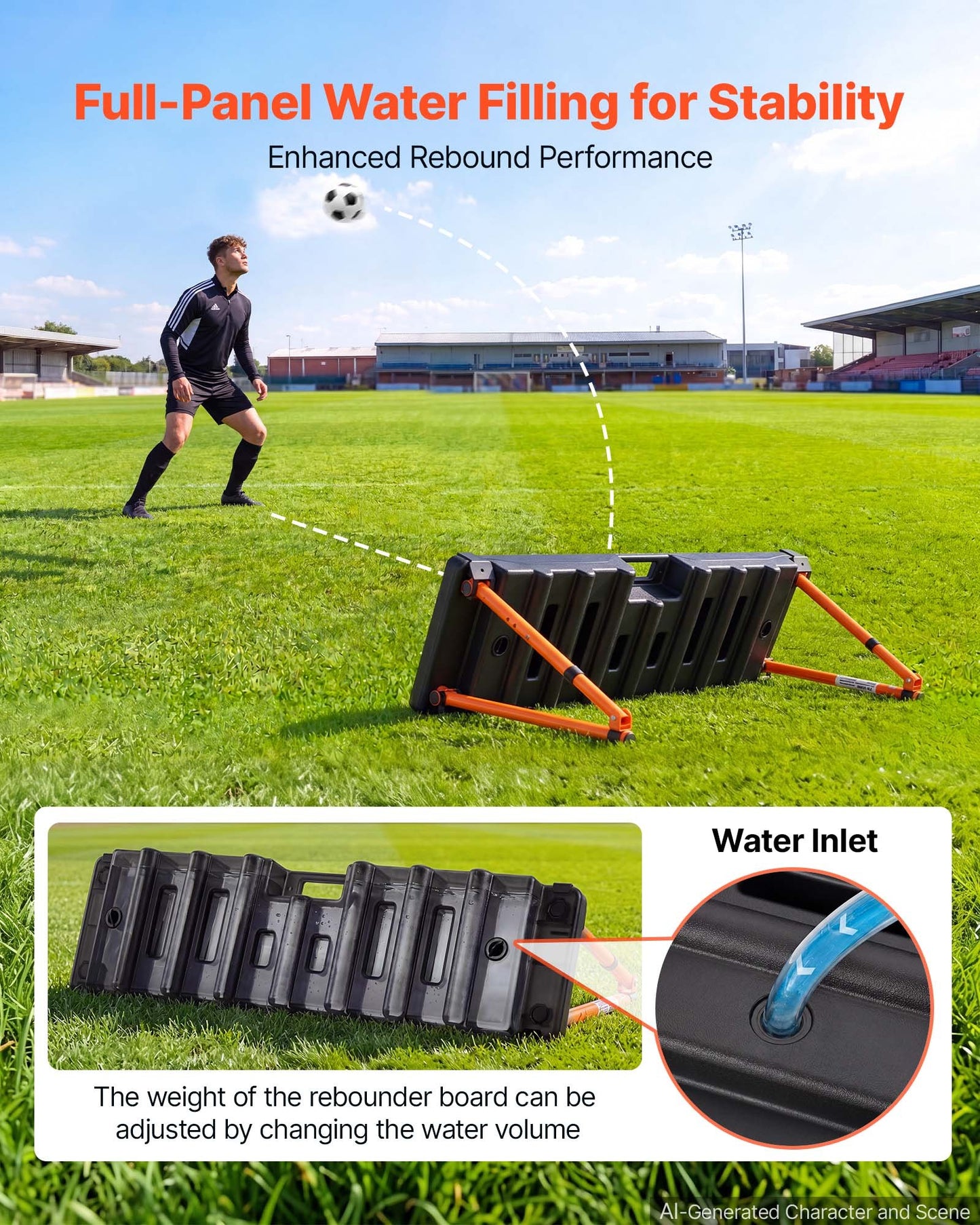 Soccer Rebounder Board, 95 x 25 cm Dual-Sided Soccer Rebound Wall, 4 Adjustable Angles, Portable Water-Fillable PE Kickback Trainer, Ground Stakes for Kids Adults, Passing & Shooting Practice