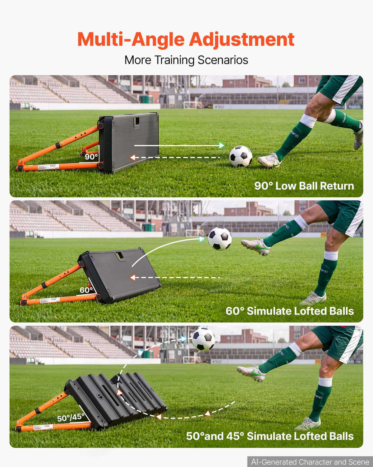 Soccer Rebounder Board, 95 x 25 cm Dual-Sided Soccer Rebound Wall, 4 Adjustable Angles, Portable Water-Fillable PE Kickback Trainer, Ground Stakes for Kids Adults, Passing & Shooting Practice