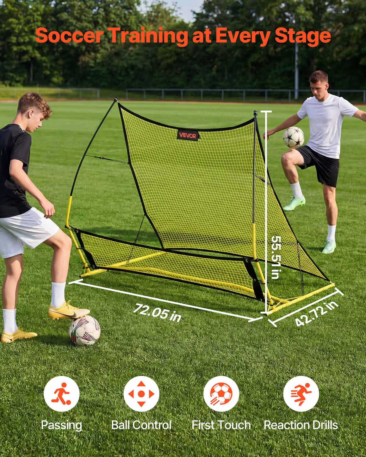 Soccer Rebounder Net, 2-in-1 Soccer Goal Rebounder, Thickened Fiberglass Poles Iron Pipe for Control, Passing Practice, Easy Setup Ball Training Equipment for Teens & Adults, 1830 x 1085 mm