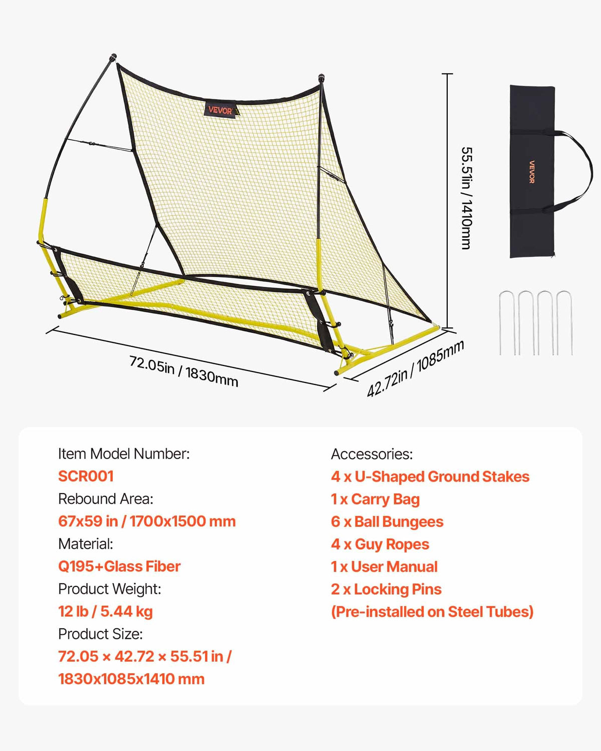 Soccer Rebounder Net, 2-in-1 Soccer Goal Rebounder, Thickened Fiberglass Poles Iron Pipe for Control, Passing Practice, Easy Setup Ball Training Equipment for Teens & Adults, 1830 x 1085 mm