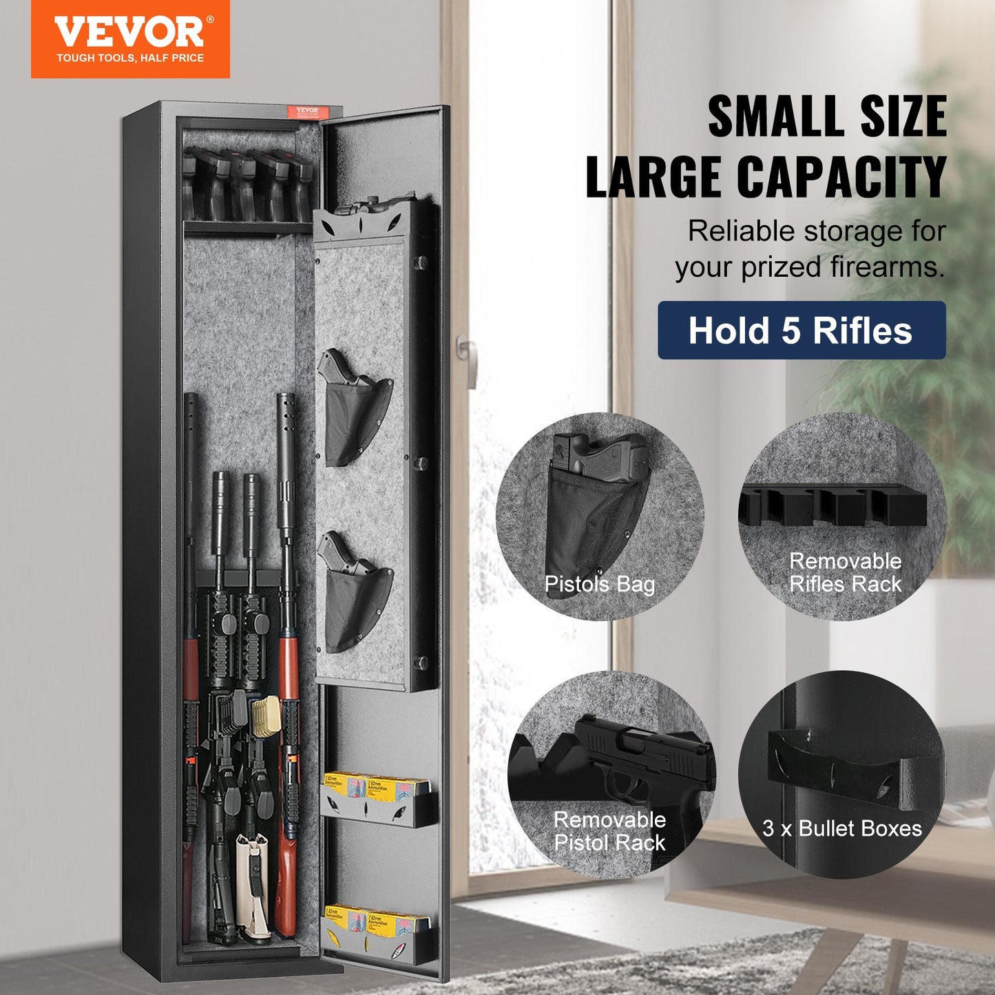 VEVOR 5 Rifles Gun Safe, Rifle Safe with Fingerprint Lock, Quick Access Gun Storage