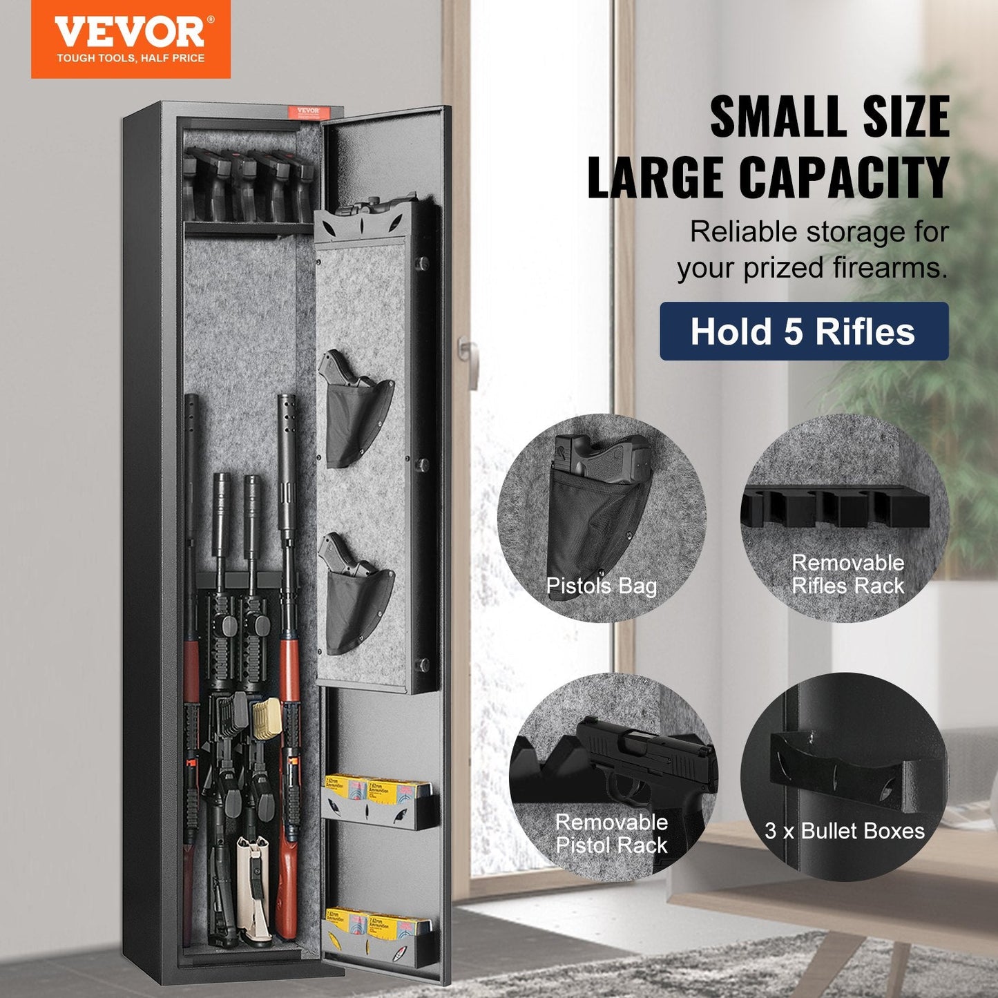 5-Rifle Gun Safe with Biometric Fingerprint Lock and Ammo Storage Solutions