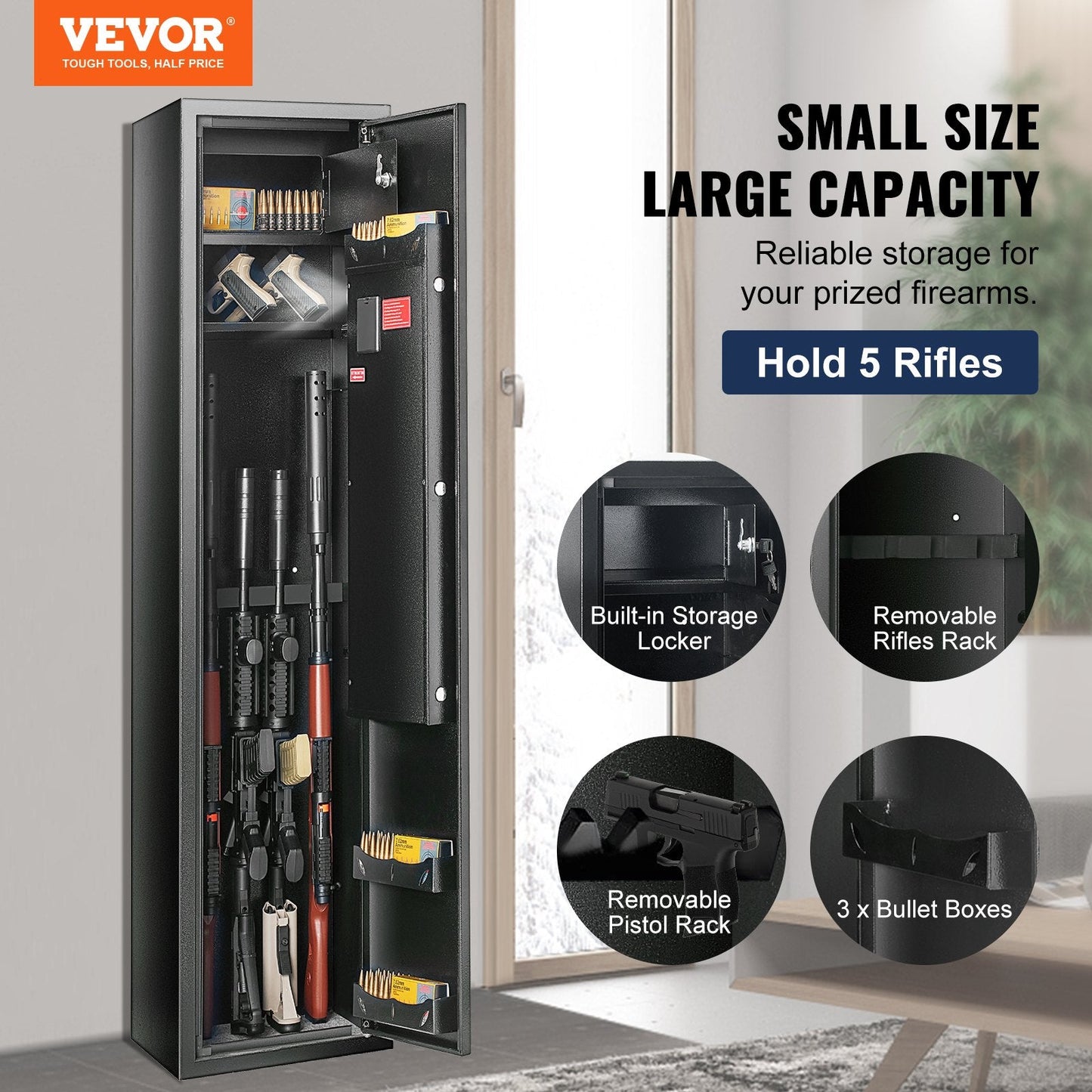 Secure Rifle Cabinet with Built-in Locker for 5 Rifles and Keypad Lock