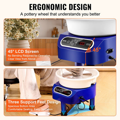 Electric Pottery Wheel, 0.25m, 350W, with Foot Pedal & LCD for DIY Crafts