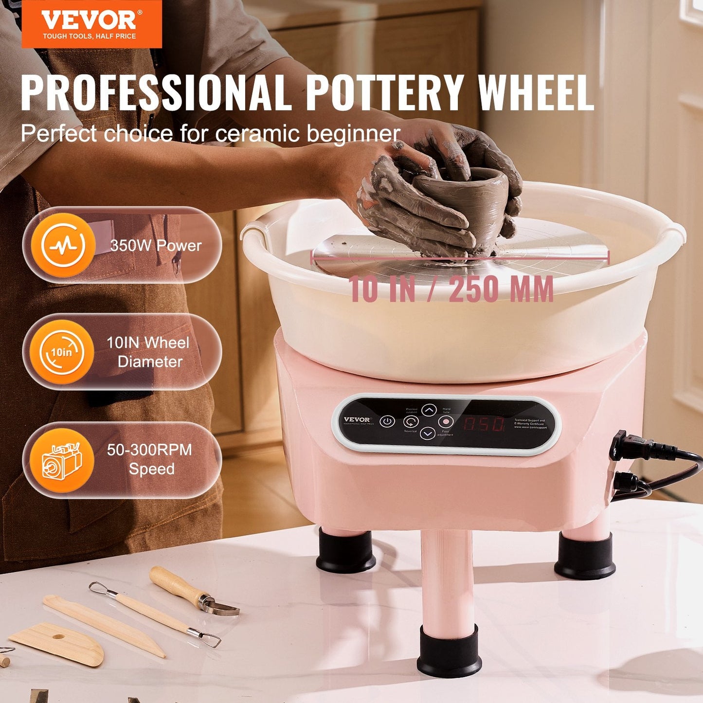 Electric Pottery Wheel, 0.25m, 350W with Pedal & Touch Control, 3kg Capacity, Pink