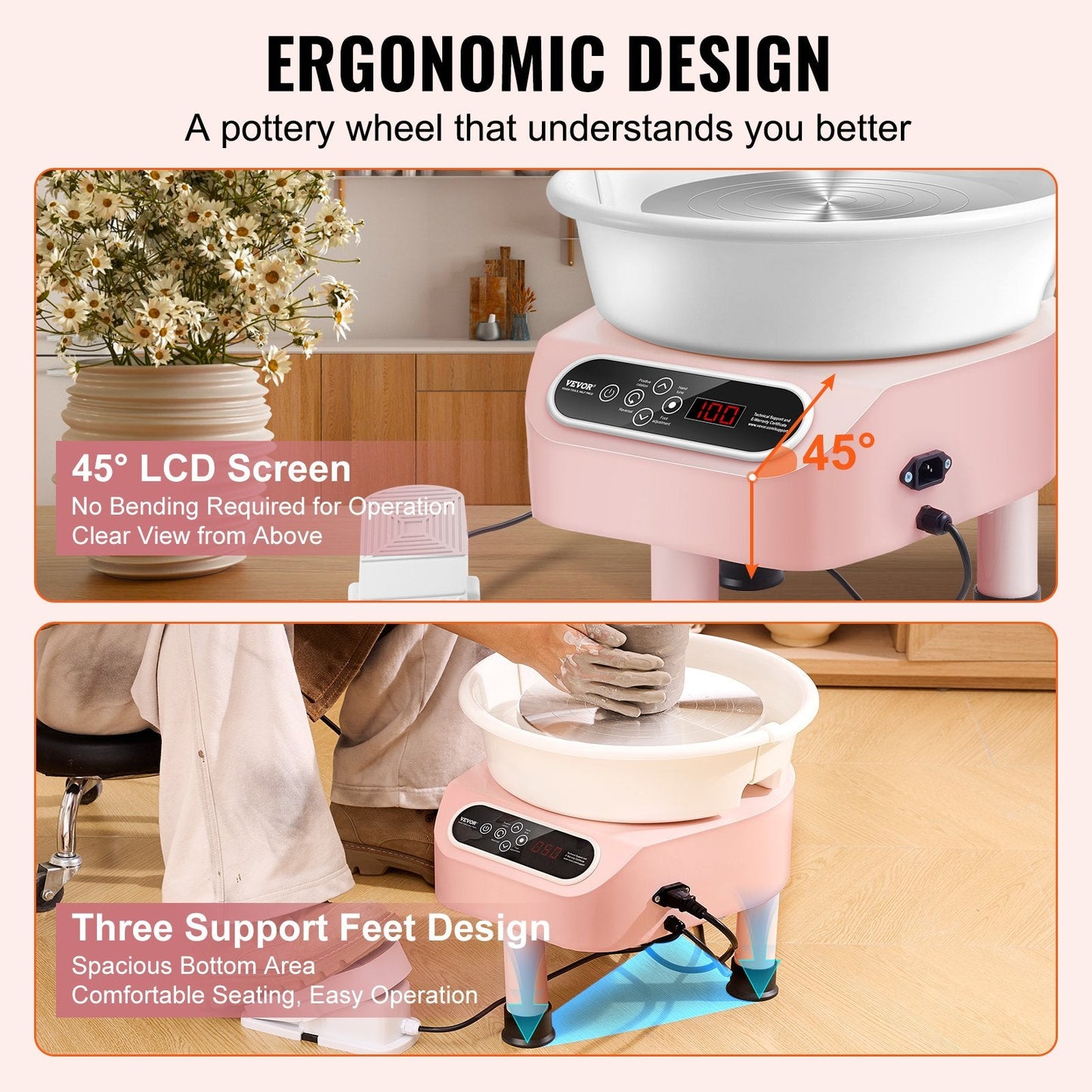 Electric Pottery Wheel with Foot Pedal, 0.28m Ceramic Machine, 450W, Pink